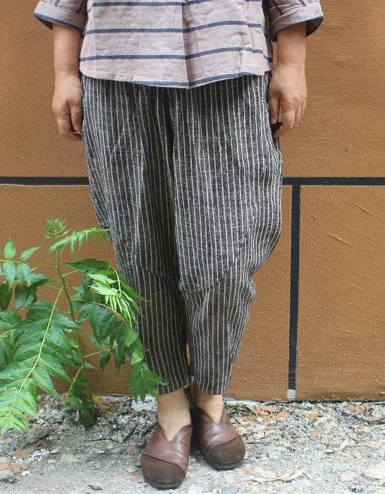 Pantalones de lino y algodón a rayas de talla grande para mujer