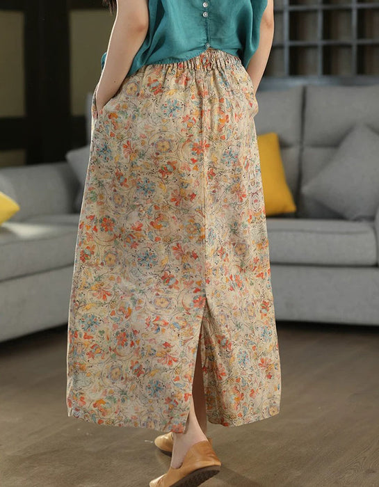 Summer Comfortable Vintage Linen Floral Skirts Buykud skirts 48.00