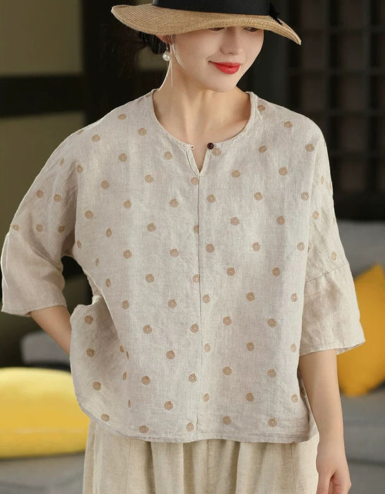 Summer Embroidered Round Neck Linen Shirt for Women May New In 2026 54.00
