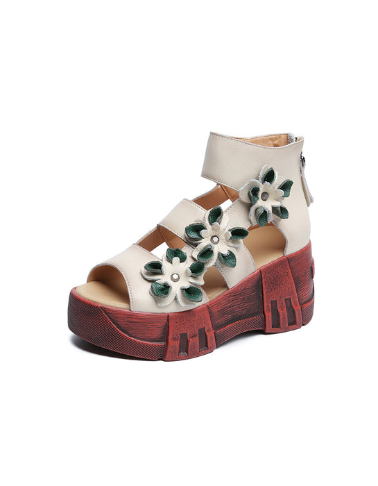 Retro Leather Flower Open Toe Platform Sandals