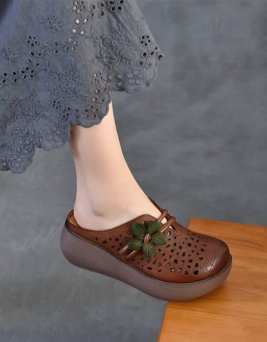 Summer Hollow Leather Flower Wedge Sandals Slippers