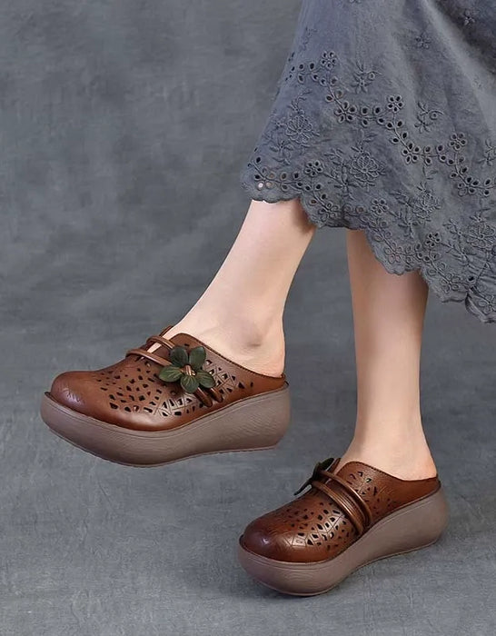 Summer Hollow Leather Flower Wedge Sandals Slippers