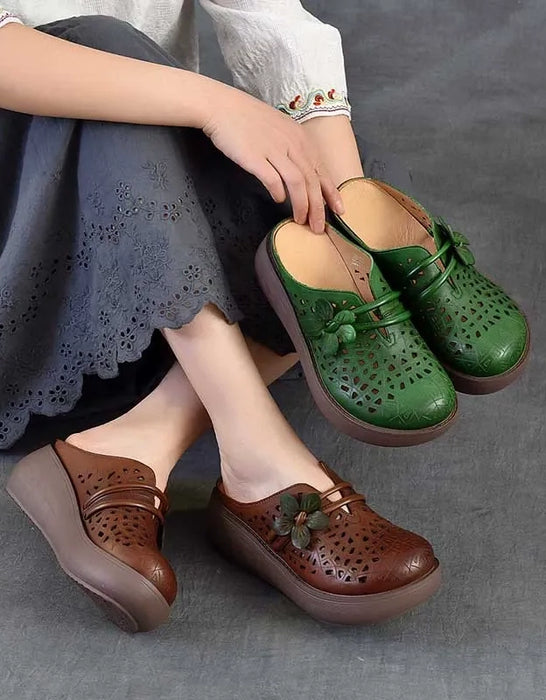 Summer Hollow Leather Flower Wedge Sandals Slippers