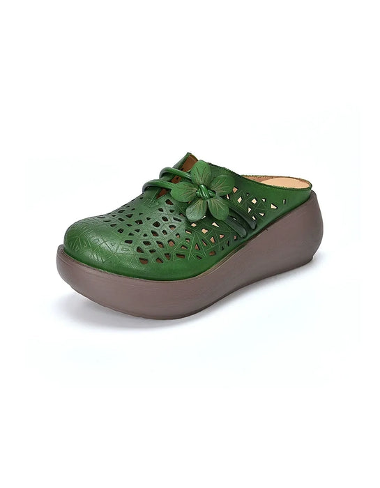 Summer Hollow Leather Flower Wedge Sandals Slippers