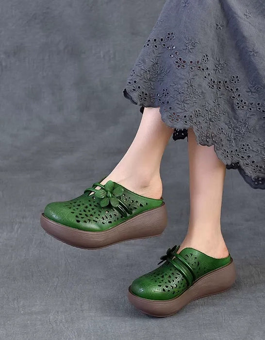 Summer Hollow Leather Flower Wedge Sandals Slippers