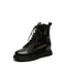 Black lace-up boot with a white background