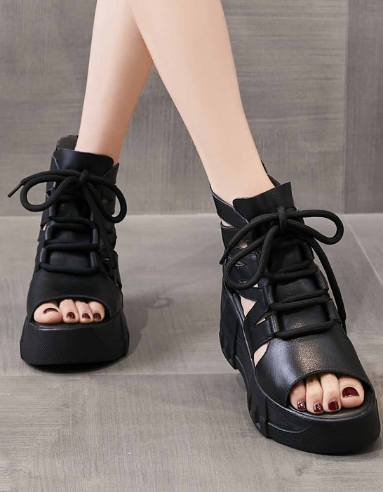 Summer Lace-up Cut-out Retro Platform Sandals Black May Shoes Collection 2026 81.00