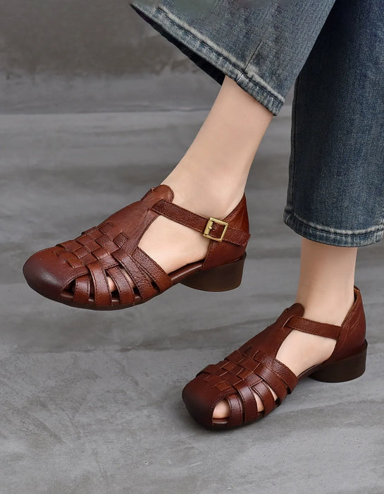 Summer Leather Woven T-Strap Close Toe Flat Sandals Brown April Shoes Collection 2026 80.00