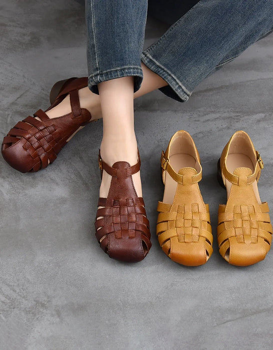 Summer Leather Woven T-Strap Close Toe Flat Sandals April Shoes Collection 2026 80.00