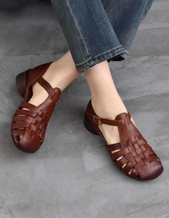 Summer Leather Woven T-Strap Close Toe Flat Sandals April Shoes Collection 2026 80.00