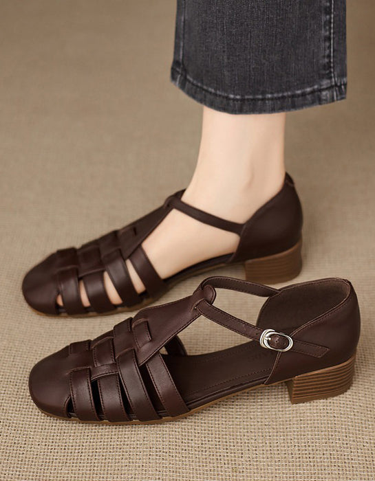Summer Leather Woven T-strap Close Toe Sandals Coffee April Shoes Collection 2026 95.00