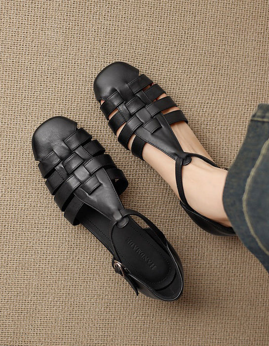 Summer Leather Woven T-strap Close Toe Sandals Black April Shoes Collection 2026 95.00