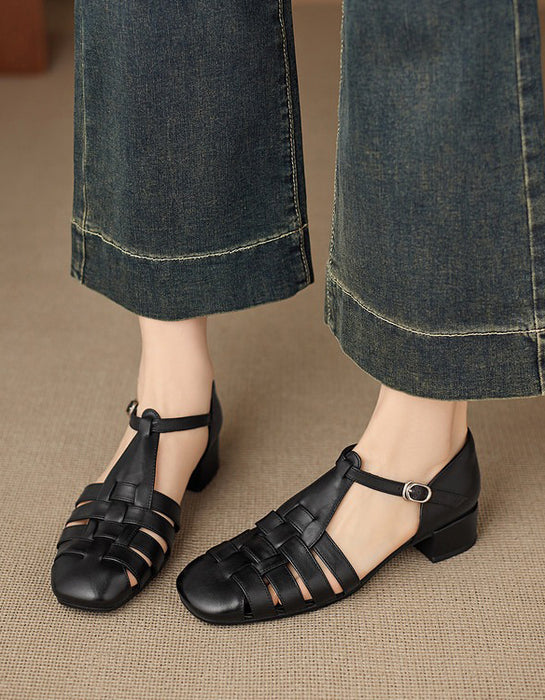Summer Leather Woven T-strap Close Toe Sandals Black April Shoes Collection 2026 95.00