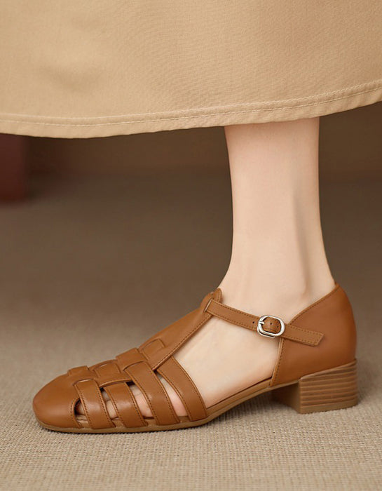 Summer Leather Woven T-strap Close Toe Sandals Brown April Shoes Collection 2026 95.00