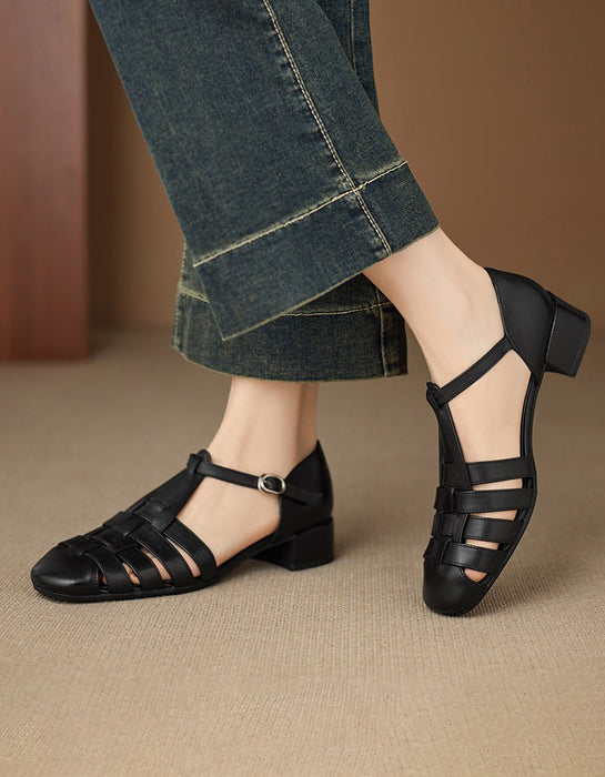 Summer Leather Woven T-strap Close Toe Sandals Black April Shoes Collection 2026 95.00