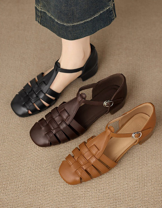 Summer Leather Woven T-strap Close Toe Sandals obiono April Shoes Collection 2026 95.00