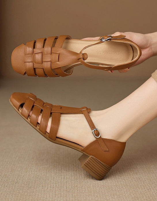 Summer Leather Woven T-strap Close Toe Sandals Brown April Shoes Collection 2026 95.00