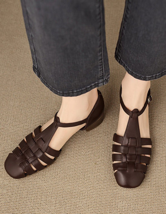 Summer Leather Woven T-strap Close Toe Sandals Coffee April Shoes Collection 2026 95.00