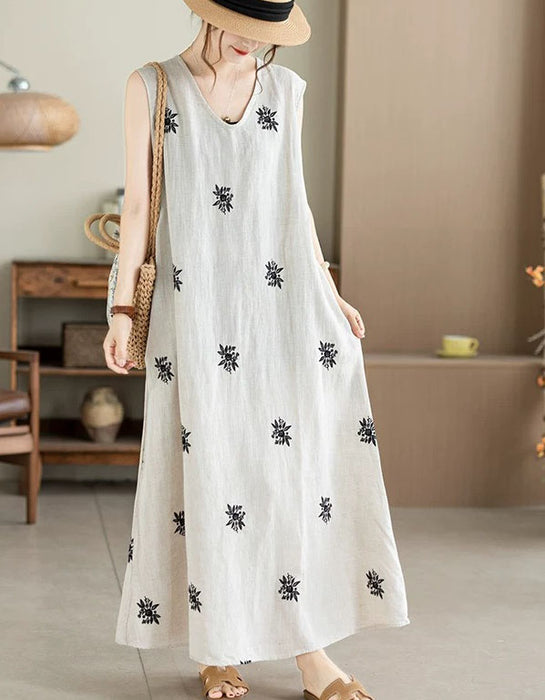 Summer Linen Embroidered Sleeveless Dress for Women