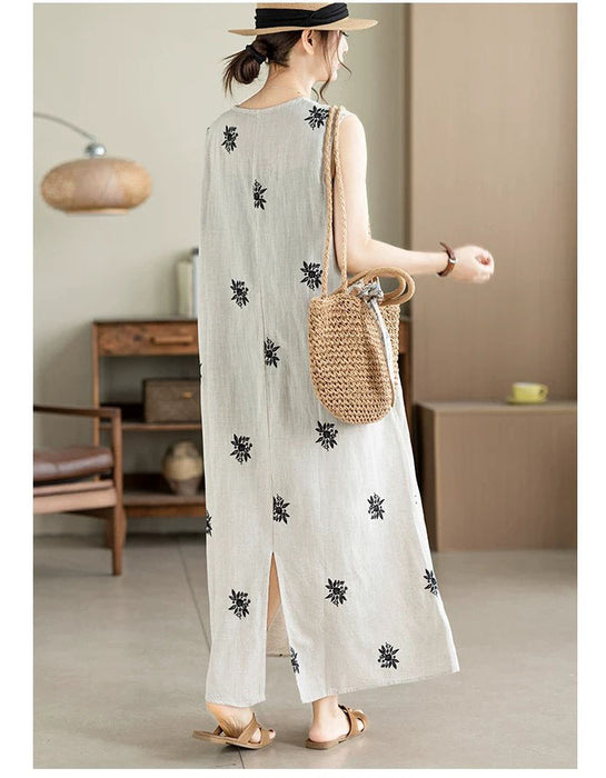Summer Linen Embroidered Sleeveless Dress for Women