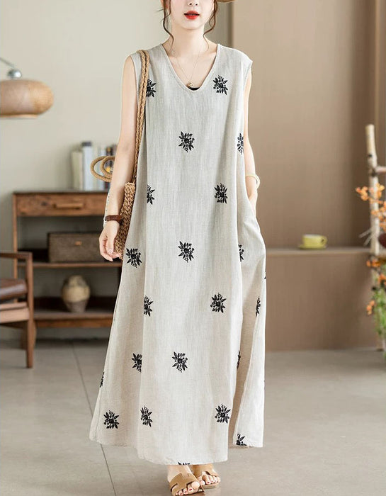 Summer Linen Embroidered Sleeveless Dress for Women