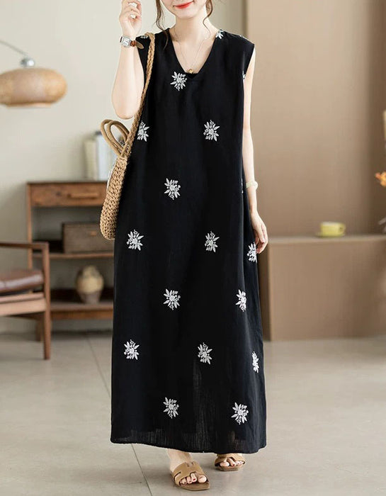 Summer Linen Embroidered Sleeveless Dress for Women