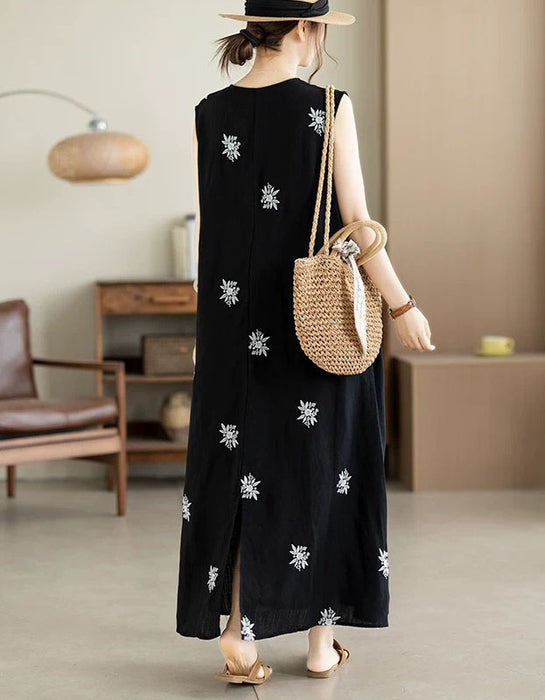 Summer Linen Embroidered Sleeveless Dress for Women