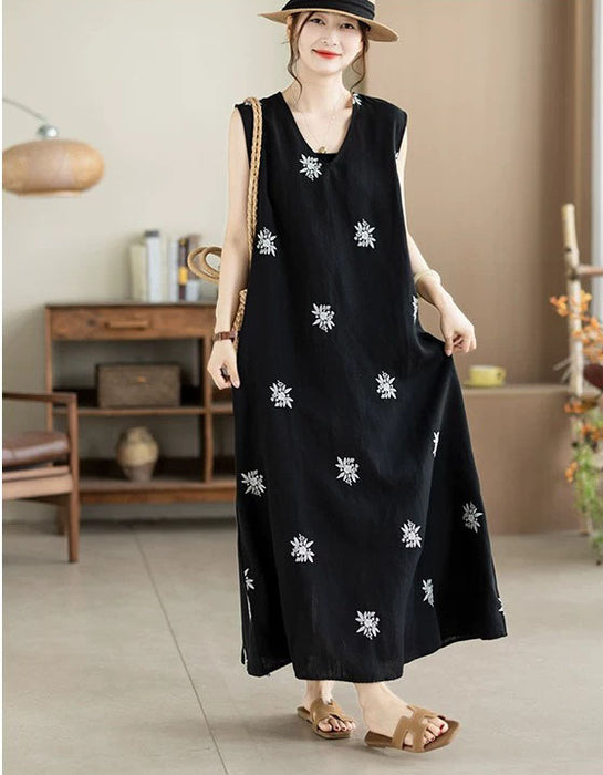 Summer Linen Embroidered Sleeveless Dress for Women