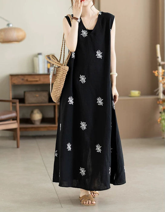 Summer Linen Embroidered Sleeveless Dress for Women