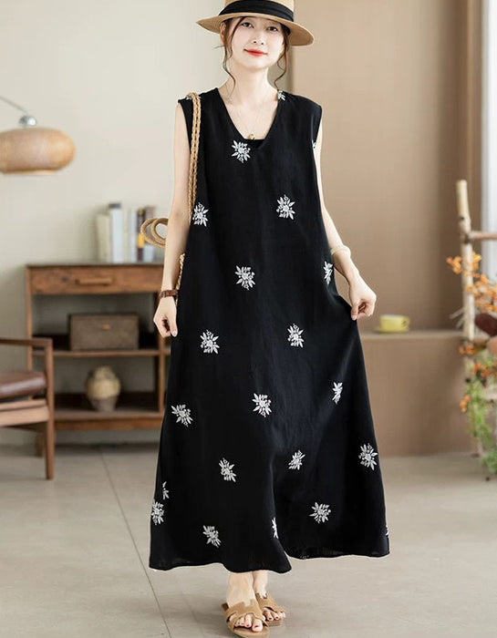 Summer Linen Embroidered Sleeveless Dress for Women