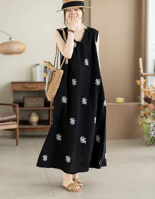 Summer Linen Embroidered Sleeveless Dress for Women