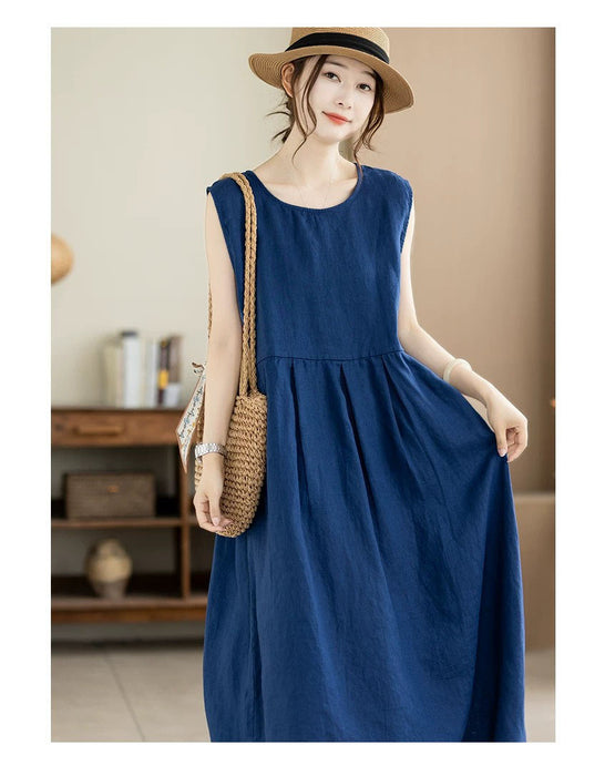 Summer Linen Solid Color Loose Casual Vest Dress