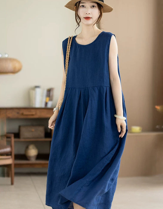 Summer Linen Solid Color Loose Casual Vest Dress