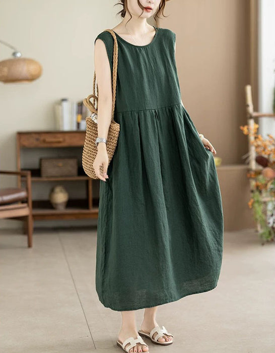 Summer Linen Solid Color Loose Casual Vest Dress