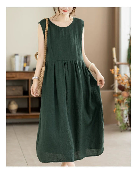 Summer Linen Solid Color Loose Casual Vest Dress