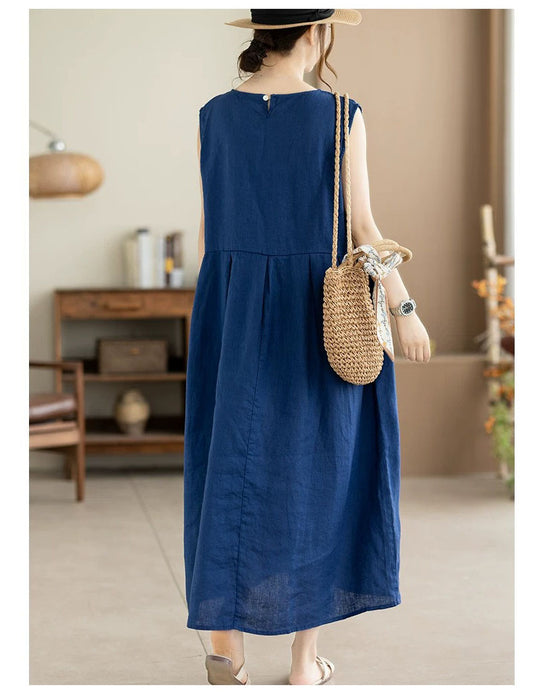 Summer Linen Solid Color Loose Casual Vest Dress