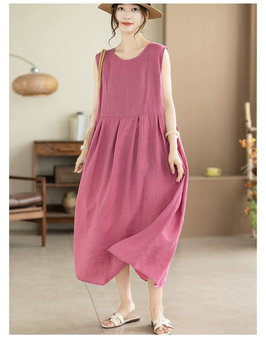 Summer Linen Solid Color Loose Casual Vest Dress