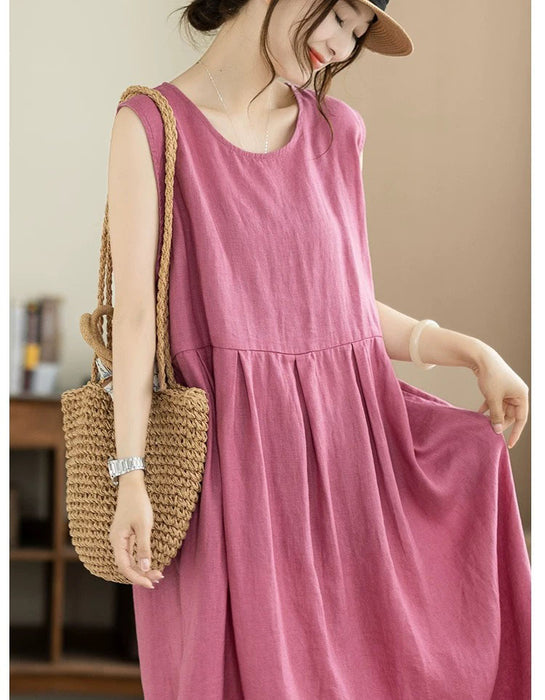 Summer Linen Solid Color Loose Casual Vest Dress