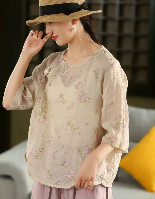 Summer Mid-sleeve Round Neck Embroidery Flower Shirts