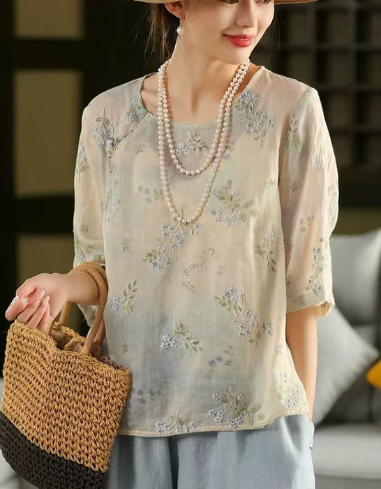 Summer Mid-sleeve Round Neck Embroidery Flower Shirts