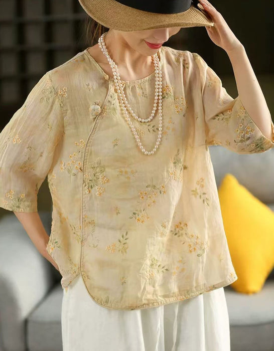 Summer Mid-sleeve Round Neck Embroidery Flower Shirts