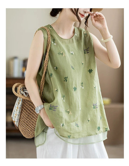 Summer Ramie Flower Embroidered Vest for Women