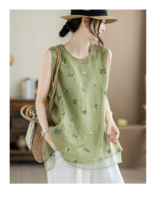 Summer Ramie Flower Embroidered Vest for Women