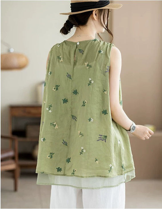 Summer Ramie Flower Embroidered Vest for Women