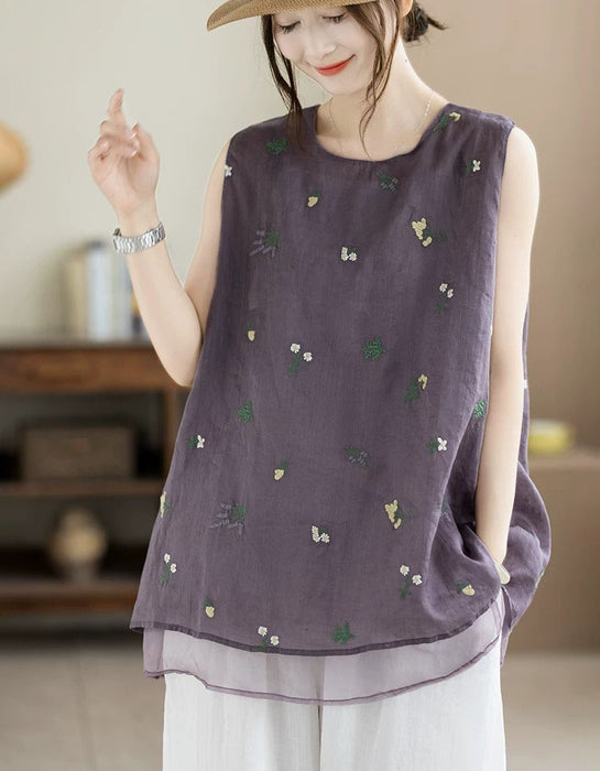 Summer Ramie Flower Embroidered Vest for Women
