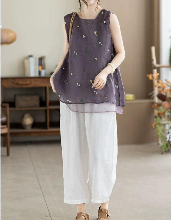 Summer Ramie Flower Embroidered Vest for Women