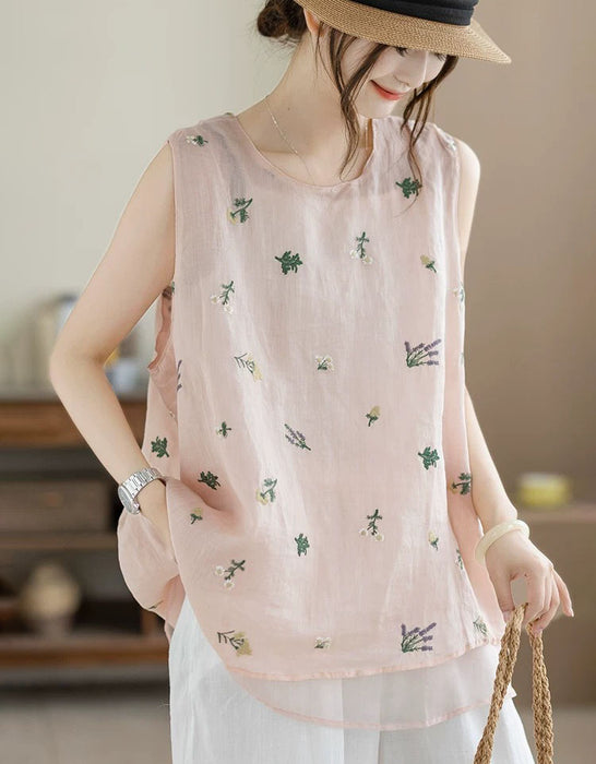 Summer Ramie Flower Embroidered Vest for Women