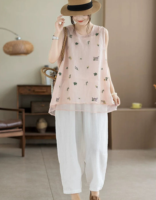Summer Ramie Flower Embroidered Vest for Women