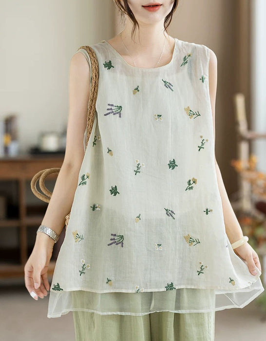Summer Ramie Flower Embroidered Vest for Women