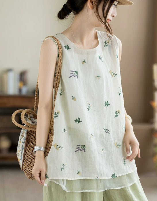 Summer Ramie Flower Embroidered Vest for Women